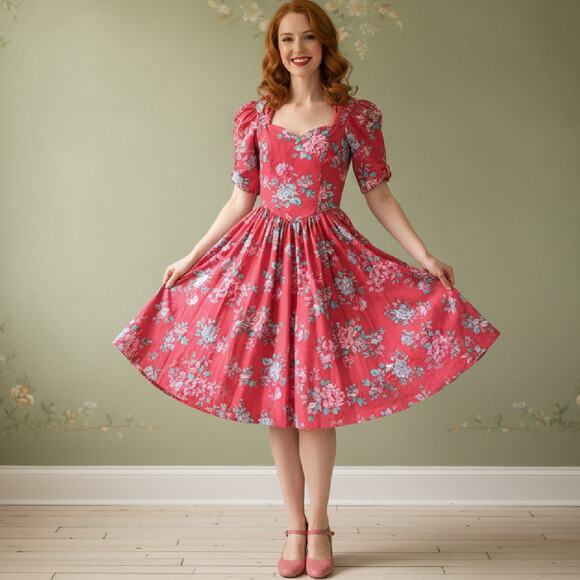 Vintage 80s LAURA ASHLEY Pink Floral Puff Sleeve Midi Dress fits XS Cottagecore - Picture 1 of 9